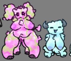 2girls areola_slip areolae belly belly_button big_breasts blue_fur breasts creeper creeper_(minecraft) fur hooves horns light_blue_fur minecraft minecraft_mob notsafefornina pink_fur quadruped sagging_breasts thick_thighs vagina