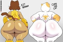 adventure_time anthro big_breasts big_butt breasts brown_body brown_fur brown_hair butt cake_the_cat cartoon_network clothing coldarsenal domestic_cat duo felid feline felis female fur gameoverse glitch_productions grey_background hair hi_res huge_butt kit_(gameoverse) kit_bodega mammal nude orange_body orange_fur rear_view short_hair simple_background text thick_thighs thong topwear underwear whiskers white_body white_fur wide_hips yellow_clothing yellow_thong yellow_topwear yellow_underwear