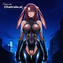 1girl ai_assisted ai_generated anime_coloring anime_screencap armor bare_shoulders black_bodysuit blue_eyes brown_hair city cityscape clouds cowboy_shot crotchless curvy dark_theme detailed_pussy dynamic_lighting elbow_gloves fishnets furry gloves high_contrast kagami_hirotaka koukawa_oboro long_hair looking_at_viewer neon_lights night night_sky outdoors rabbit_girl soft_shading taimanin_asagi_zero taimanin_suit thigh_gap visible_pussy