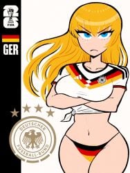 1girl 1girls adidas atomiksaico bikini bikini_bottom_only blonde_hair blonde_pubic_hair blue_eyes breasts cowboy_shot crop_top crossed_arms female_pubic_hair flag_print frown german_flag germany highres hips large_breasts looking_at_viewer midriff navel original print_bikini pubic_hair pubic_hair_peek shirt short_sleeves simple_background soccer solo tied_shirt underwear white_background world_cup