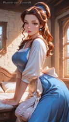 1futa 2026 ai_generated balls beauty_and_the_beast_(1991_film) bed belle_(beauty_and_the_beast) brown_eyes brown_hair bulge bulge_through_clothing cock dress dyzertai earings futanari indoors long_hair looking_at_viewer penis self_upload solo testicles
