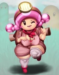 1girls alternate_version_available backpack big_breasts black_eyes breasts button_shirt captain_toad_treasure_tracker cleavage clothed clothing cute_face dwn000 female female_only hand_on_breast handkerchief headlamp humanoid kneehighs light-skinned_female light_skin looking_at_viewer mario_(series) mushroom mushroom_humanoid nail_polish nintendo no_nose one_eye_closed open_mouth pink_nail_polish pink_nails pink_shoes shoes short_sleeves shorts shortstack socks solo thick thick_hips thick_thighs toadette twintails twintails wide_hips