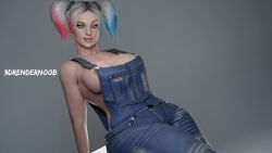 1girls 3drendernoob aerolae blender_(software) cleavage harley_quinn naked_overalls nip_slip overalls_only pigtails sideboob solo_female