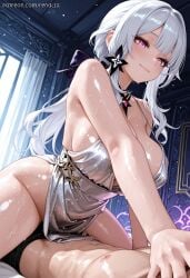 1boy 1girl ai_generated bangs bare_shoulders blush breasts cleavage closed_mouth cowgirl_position dress genshin_impact girl_on_top hair_ornament hair_ribbon halter_dress halterneck hetero indoors large_breasts lauma_(genshin_impact) long_hair navel pink_eyes ponytail purple_eyes renalia ribbon sidelocks silver_dress smile straddling sweat thighs wet white_dress white_hair