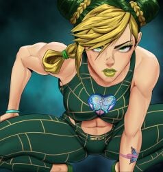 1female 1girl 1girls big_breasts boobs breasts female female_focus female_only green_clothing green_eyes green_hair green_lipstick human jojo's_bizarre_adventure jojo_no_kimyou_na_bouken jolyne_cujoh jolyne_kujo light-skinned_female light_skin lips lipstick looking_at_viewer mad muscular muscular_female no_background no_watermark stone_ocean tattoo white_body yellow_hair
