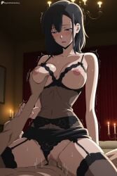 1boy 1girl ai_generated black_hair black_panties black_thighhighs blush bra breasts candle clothing_aside cowgirl_position digitalwaifugallery garter_belt girl_on_top grabbing grabbing_another's_breast guided_breast_grab guiding_hand hanebado! hetero hi_res high_quality high_resolution indoors large_breasts lingerie nipples open_mouth panties panties_aside patreon penis pov purple_eyes pussy seductive sex sexy shiwahime_yuika short_hair solo_focus straddling sweat thighhighs trembling uncensored underwear vaginal watermark