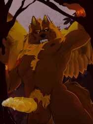 3:4 abs animal_genitalia animal_penis anthro balls big_muscles big_penis black_sclera bodily_fluids body_hair canid canine canine_genitalia canine_penis colored cum cum_on_penis digital_drawing_(artwork) digital_media_(artwork) erection fangs feathered_wings feathers genital_fluids genitals hair happy_trail hi_res knot knotted_penis long_hair looking_at_viewer low-angle_view maison_6 male mammal muscular nipples nude outside pecs penis plant shaded sheath solo spread_wings tail teeth tree vein veiny_penis wings yellow_eyes yellow_penis