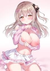 1girl arm_support blouse blouse_lift blush bra breast_suppress breasts breasts_out brown_hair cameltoe clothed cum cum_on_belly cum_on_body cum_on_face cum_on_hair cum_on_head cum_on_thighs hair_ornament hair_ribbon highres lace lace-trimmed_bra lace_bra lace_trim large_breasts long_hair nipple_slip nipples no_panties original pussy shiono_(0303) shirt shirt_lift sitting skirt straight_hair thighhighs uncensored