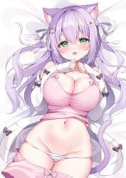 1girl blouse blush breast_suppress breasts cameltoe cat_ears cat_girl cat_tail catgirl hair_ornament hair_ribbon highres large_breasts long_hair lying lying_on_back open_shirt open_sweater original panties panties_down pants pants_down purple_hair shiono_(0303) shirt shorts shorts_down straight_hair sweater tank_top thighhighs tied_hair