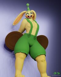 anthro anxiboi anxiousanxiety big_ass bunny bunny_ears bunzo_bunny clothed gay green_clothing happy male overalls poppy_playtime rabbit rabbit_ears shirtless smiling yellow yellow_fur