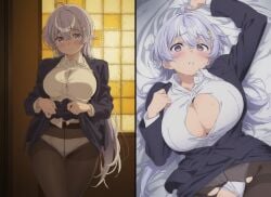 big_breasts blazer embarrassed_expression hiwamura_hiyori lying lying_on_bed neckline panties_visible_through_clothing sensei skirt_up teacher_female teacher_outfit yowa_yowa_sensei