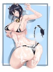 1girls abs armpits basic_background bikini black_hair blush breath collar color cow_ears cow_girl cow_horns cow_print cow_tail cowbell cum cum_on_body embarrassed excessive_cum female_focus female_only highres hitomi-chan_is_shy_with_strangers hitomi-chan_wa_hitomishiri hitomi_takano huge_ass large_breasts looking_at_viewer milk milk_on_body muscular_female nipples_covered panties shadow solo_female spilled_milk sweat sweating_profusely tomboy tomodachi_(tomofanart) turned_back