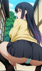 ai_generated ass ass_focus back_view bangs big_ass big_breasts black_hair black_skirt breasts cardigan collared_shirt curvy female female_only hair_between_eyes large_breasts long_hair long_sleeves looking_at_viewer looking_back mieruko-chan panties pixai pleated_skirt school_uniform schoolgirl serious shirt skirt socks solo squatting suggestive sweat thick_thighs thighs white_shirt yellow_eyes yotsuya_miko