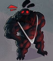 1boy 1male anthro anthro_on_anthro bara body_hair breasts buff_male bulge cute fluffy hand_on_hip hand_on_hips humanoid insect its_coldpizzart male male_only man_boobs man_tits mankini moth mothman muscular muscular_male red_eyes thong white_clothing white_mankini white_thong