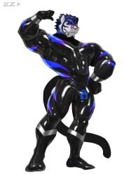 2026 absurd_res anthro black_latex blue_body blue_fur blue_hair bodysuit clothed clothed_anthro clothed_male clothing cxcxxcxxxx eye_scar facial_scar felid fur glistening glistening_latex grey_latex hair hi_res latex latex_bodysuit latex_clothing latex_skinsuit lock_bulge lock_symbol male mammal multicolored_body multicolored_bodysuit multicolored_clothing multicolored_fur multicolored_skinsuit muscular muscular_anthro muscular_male nix_flamel null_bulge pantherine purple_latex purple_sclera scar skinsuit solo standing tail tiger tight_clothing two_tone_body two_tone_fur white_body white_fur yellow_eyes
