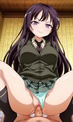 black_hair boku_wa_tomodachi_ga_sukunai bossy breasts bully cleavage cowgirl_position dominant_female female girl_on_top long_hair low-angle_view mikazuki_yozora panties panties_aside pervert pov purple_eyes pussy school_uniform schoolgirl sex smug socks suggestive teenager thick_thighs thighhighs underwear vaginal_fluids vaginal_penetration very_long_hair