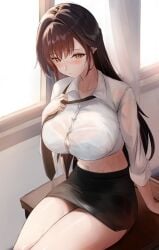 1girls absurdres black_hair black_necktie black_skirt blue_bra blush bra bra_peek bra_visible_through_clothes breasts button_gap closed_mouth desk female goddess_of_victory:_nikke highres indoors kopepan_(kopepann11) large_breasts long_hair marciana_(nikke) marciana_(school_days)_(nikke) miniskirt navel necktie official_alternate_costume on_desk pencil_skirt shirt sitting skirt solo stomach sweat thighs white_shirt yellow_eyes