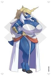 akaryuuseif anthro big_breasts breasts_bigger_than_head bride curvy_female curvy_figure female female_anthro female_only hips_wider_than_shoulders hourglass_figure pokemon pokemon_(species) pokemon_bw samurott simple_background thick_thighs wedding_dress white_dress white_hair wide_hips