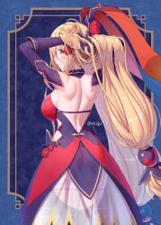 1girl back backless_dress bare_back blonde_hair blush china_dress chinese_clothes cleavage date_a_live dress gloves hair_bun hair_ornament hair_ribbon high_ponytail hips hoshimiya_mukuro indoors large_breasts long_sleeves looking_back ponytail qipao shoulder_blades sideboob single_hair_bun smile solo standing thighs tsubasaki upper_body very_long_hair waist yellow_eyes