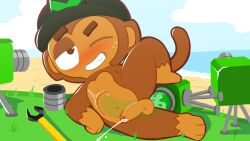 16:9 abdominal_bulge anal_orgasm anthro balls belly bloons_tower_defense bodily_fluids brown_body brown_fur cum dildo dildo_insertion ejaculation engineer_monkey_(bloons) fur genital_fluids genitals hands-free haplorhine humanoid_genitalia humanoid_penis ishitaka_uwu male mammal monkey ninja_kiwi orgasm orgasm_face penis primate sex_toy sex_toy_insertion solo turrets widescreen
