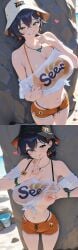 1girls ai_generated alternate_breast_size beach belle_(summer_skies)_(zenless_zone_zero) belle_(zenless_zone_zero) belly_button bikini bikini_under_clothes black_hair black_headwear bracelet breasts bucket_hat cowboy_shot day earrings female green_eyes grin hair_between_eyes hat hourglass_figure hourglass_figured_female hoyoverse jewelry large_breasts looking_at_viewer midriff mihoyo navel nipple_slip ocean official_alternate_costume orange_bikini orange_shorts outdoors penetration_gesture sex_gesture shirt shirt_lift short_hair short_shorts shorts sky slim_waist smile solo swimsuit tagme wide_hips