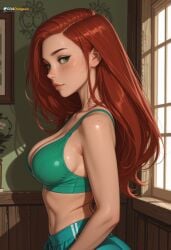 1girl abs adult aged_up ai_generated athletic_female bedroom cleavage crop_top daylight disney disney_channel female female_only freckles glossy_skin green_bra green_eyes indoors kim_possible kimberly_ann_possible large_breasts long_hair looking_at_viewer midriff patreon r34dungeon red_hair shiny_skin sideboob smile solo solo_female solo_focus sport_bra toned_body window