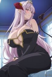 ai_generated black_dress demon_girl huge_breasts kanan-sama_wa_akumade_choroi lillum_(kanan-sama) milf neckline sitting sitting_on_bed smile