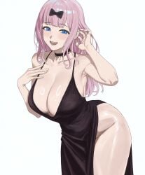 1girl :d armpits at background bangs bare black blue blunt blush bocchi_the_rock! bow breasts chest choker cleavage collarbone dress eyes forward fujiwara_chika hair hand large leaning long looking mouth no on open own panties pink shiny shoulders side simple skin sleeveless slit smile solo teeth thighs viewer white
