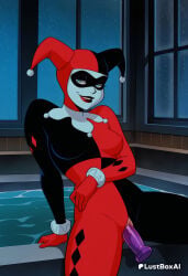 1girls ai_generated arm_support artist_name blue_eyes bodysuit breasts dc dc_comics dildo dildo_in_pussy dildo_insertion domino_mask female female_masturbation gloves harley_quinn harley_quinn_(series) hat hi_res indoors jester jester_cap lipstick looking_at_viewer lustboxai makeup mask medium_breasts object_insertion pussy red_bodysuit red_gloves red_lips sex_toy smile solo spread_legs uncensored vaginal vaginal_insertion vaginal_masturbation vaginal_object_insertion water window