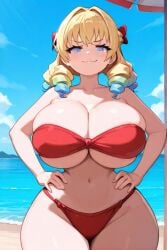 ai_generated beach bikini blonde_hair blue_eyes female huge_breasts scarlett_(unicorn_overlord) thick_thighs unicorn_overlord