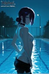 1girl 2025 2026 4k absurd_res absurdres ai ai-created ai-generated ai_art ai_assisted ai_generated alphai backlighting black_choker black_shorts black_thighhighs blue_theme blush blushing chainsaw_man cinematic cinematic_lighting close-up colorful_background depth_of_field detailed_hair detailed_skin detailled_background dramatic_shadows eyelashes eyeliner female_face from_side green_eyes hair_bun high_quality high_resolution highres looking_at_viewer naughty_face night outdoors particles patreon patreon_link patreon_url patreon_username pool purple_hair raised_eyebrows reze_(chainsaw_man) reze_chainsaw_man seductive_eyes shade short_hair small_breasts smile solo undressing volumetric_lighting watermark white_bikini