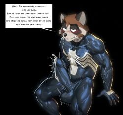 2026 absurd_res anthro balls big_balls big_penis black_background black_body black_fur black_latex blush bodily_fluids bodysuit brown_body brown_fur clothed clothed_anthro clothed_male clothing cum cum_in_clothing cum_in_pants cum_through_clothing cum_through_pants cxcxxcxxxx dialogue english_text erection fur genital_fluids genitals glans hi_res huge_penis humanoid_genitalia humanoid_penis latex latex_bodysuit latex_clothing latex_skinsuit male mammal marvel multicolored_body multicolored_bodysuit multicolored_clothing multicolored_fur multicolored_skinsuit penis procyonid raccoon simple_background skinsuit solo speech_bubble sweat text tight_clothing two_tone_bodysuit two_tone_clothing two_tone_skinsuit vein veiny_penis venom_(marvel) wet wet_clothing white_body white_fur white_latex