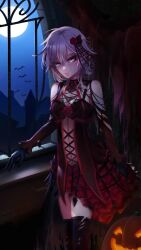 anastasia_(idolmaster) bats blue_eyes commentary_request full_moon gloves halloween halloween_costume idolmaster idolmaster_cinderella_girls kneehighs lace lingerie looking_at_viewer night pumpkin silver_hair skirt smiling smiling_at_viewer tagme thighhighs vampire white_hair