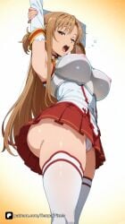 1girl ai_generated armor armpits arms_up artist_name ass asuna_(sao) asuna_yuuki bangs breastplate breasts brown_eyes brown_hair cameltoe covered_nipples detached_sleeves from_below gradient gradient_background large_breasts long_hair looking_at_viewer miniskirt open_mouth panties patreon pleated_skirt questionable red_skirt see-through senpai_pixels skirt solo standing stretching sword_art_online teeth thighhighs thighs underwear upper_teeth_only upskirt white_panties white_thighhighs yawning yuuki_asuna