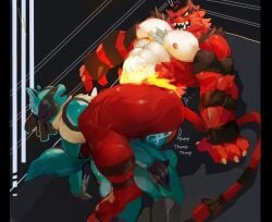 2boys anal anal_sex anthro balls bara big_balls big_muscles big_penis duo fluffedwings gay genitals incineroar lucario male male/male male_only muscular nintendo penetration penis pokemon pokemon_(species) sex size_difference small_dom_big_sub video_games