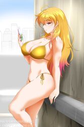 1girls big_breasts bikini bikini_bottom bikini_top breasts female female_only golden_bikini half-dressed half_naked half_naked_female kimmy77 long_hair long_hair_female phone red_eyes rwby solo_female yang_xiao_long