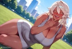 1female 1girl 1girls 2026 ai_assisted ai_generated arm_support armpit_crease artist_name bare_arms bare_shoulders blonde_hair blue_sky blurry blurry_background blush breasts building ccmint cityscape cleavage cloud collarbone colored_eyelashes covered_navel curvy dark-skinned_female dark_skin day depth_of_field dress dutch_angle fanbox_username fangs female female_focus fingernails grass grey_dress guilty_gear guilty_gear_strive guilty_gear_xrd hair_between_eyes half-closed_eyes highres large_breasts long_hair looking_at_viewer nail_polish naughty_face on_grass on_ground on_side open_mouth outdoors patreon patreon_logo patreon_username pencil_dress pink_nails ramlethal_valentine short_dress sitting sky sleeveless sleeveless_dress smile solo sweat taut_clothes taut_dress teeth thick_eyelashes thick_thighs thighs tight_dress tongue tongue_out tree twitter_username uncensored upper_teeth_only v v_over_mouth web_address white_dress white_hair wide_hips yellow_eyes