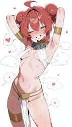 1girl absurdres ahoge ai ai_generated ancient_egyptian_clothes armpit_crease armpits arms_behind_head blue_archive blue_eyes covered_nipples double_bun floating_hearts gold_armlet gold_bracelet gold_collar gold_hairband hair_between_eyes heart highres linea_alba maki_(blue_archive) midriff motion_lines navel nose_blush one_eye_closed open_mouth pelvic_curtain red_hair short_hair sidelocks simple_background skindentation small_breasts smile spoken_heart standing steaming_body sweat sweatdrop thighs usekh_collar very_sweaty white_background winking_at_viewer