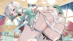 1girl 1girls ahoge apron ass ass_cutout bent_over blue_bow blue_eyes blush bow breasts butt_crack chair clothing_cutout commentary densetsu.exe detached_sleeves dress female ghost ghost_girl gradient_hair green_dress green_hair green_sleeves hair_bow hair_ornament heart_cutout highres looking_back luwudco maid maid_apron maid_headdress mint_fantome mole mole_on_ass mole_on_thigh multicolored_hair panties pointy_ears pout pussy short_hair single_thighhigh small_breasts solo thigh_strap thighhighs thighs triangular_headpiece underwear undressing untranslatable_commentary virtual_youtuber vtuber white_hair white_panties white_thighhighs wisps_(mint_fantome) x_hair_ornament