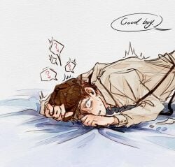 albert_vanderboom birthmark brown_hair face_down_ass_up hat implied_anal implied_rape male male_only no_visible_genitalia offscreen_character on_bed on_stomach questionable_consent rusty_lake rusty_lake:_roots sheet_grab solo_focus suspenders sweat tears wide_ass