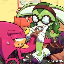 1boy 1girls averting_eyes big_ears blush brown_skirt chameleon espio_the_chameleon flat_chest glasses green_fur green_hair hand_on_knee horn idw_publishing impossible_fit jackal lidded_eyes looking_away megani_the_jackal nerd nerdy_female nervous nervous_smile nervous_sweat oerba_yun_fang on_back penis_too_big penis_under_skirt purple_body rikoandtako small_breasts sonic_(series) sonic_the_hedgehog_(comics) sonic_the_hedgehog_(idw) sonic_the_hedgehog_(series) spiral_glasses sweat sweatdrop sweating sweating_profusely veiny_penis yellow_eyes