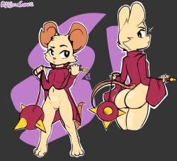 3_toes anthro barefoot black_eyes bottomless breasts butt cheek_tuft clothed clothing eyelashes facial_tuft feet female front_view fur genitals grey_background holding_object holding_whip looking_back mammal mina_(mina_the_hollower) mina_the_hollower mouse murid murine navel notched_ear paws pink_clothing pink_nose pink_topwear plantigrade raviolisnake rear_view rodent simple_background small_breasts solo tan_body tan_fur toes topwear tuft vulva weapon whip yacht_club_games