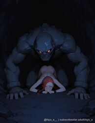 1boy 1girl ai_generated all_fours ass blue_eyes blush bracelet braid colored_skin completely_nude doggystyle explicit glowing_eyes golem hetero interspecies long_hair monster muscular nude nyx_x orange_eyes orange_hair red_hair sex sex_from_behind smile sweat teeth top-down_bottom-up