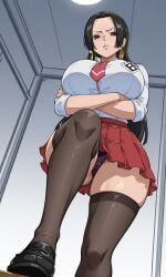 1girls ai_generated big_boobs big_breasts black_hair blue_eyes boa_hancock curvy curvy_body curvy_female curvy_figure earrings huge_breasts kyoru189 large_breasts light-skinned_female light_skin looking_at_viewer looking_down mature_female one_piece panties school_uniform shiny shiny_skin shirt shoes skirt solo solo_female step_pose stepped_on stockings
