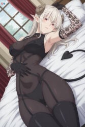 1boy 1girl 2.5_jigen_no_ririsa absurdres adult ai_assisted ai_generated arm_up armpits bangs bed big_breasts black_gloves black_thighhighs blush breasts cameltoe closed_mouth covered_nipples demon_girl demon_horns demon_tail elbow_gloves female garter_straps gloves hand_on_own_stomach hanyuu_mayuri heeven highres horns indoors large_breasts long_hair looking_at_viewer lying male mature on_back on_bed panties patreon patreon_username perfect_body pillow pointy_ears questionable red_eyes solo tail thighhighs uncensored underwear window