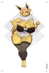 akaryuuseif anthro big_breasts breasts_bigger_than_head female female_anthro female_only furry furry_female hips_wider_than_shoulders jolteon maid maid_outfit maid_uniform pokemon pokemon_(species) pokemon_rgby simple_background thick_thighs thighhighs two-tone_fur white_fur wide_hips yellow_fur yellow_hair