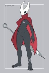4_toes absurd_res anthro arachnid areola arthropod barbell_piercing black_eyes breasts cape cape_only clothing digit_ring feet female genitals hi_res holding_object holding_weapon hollow_knight_(franchise) hornet_(hollow_knight) humanoid_feet jewelry mostly_nude nipple_dip nipple_outline nipple_piercing nipples piercing plantigrade ring simple_background slim solo spider standing team_cherry toe_ring toes vulva weapon yogore_shark
