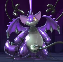 2022 absurd_res anthro big_bulge bondage bound bulge digital_drawing_(artwork) digital_media_(artwork) dragon drone dronification glistening hi_res jumpstart_games kyrii membrane_(anatomy) membranous_wings millaroth neopet_(species) neopets purple_body rubber scalie scorchio_(neopets) sexotheque simple_background solo spiked_wings spikes spikes_(anatomy) transformation video_games wings yellow_body