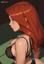 1girl adult aged_up ai_generated ass bedroom black_bra black_lingerie black_panties bra choker cleavage collar female female_only freckles from_side glossy_skin green_eyes indoors kim_possible kimberly_ann_possible lace_bra large_ass large_breasts lingerie long_hair looking_back_at_viewer panties patreon profile r34dungeon red_hair shiny_skin side_view sideboob sitting solo solo_female