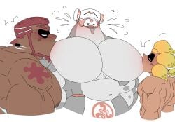 3boys big_man_(splatoon) big_pecs face_in_chest gay inkling inkling_boy lanopoli loincloth_only male male_only manta_ray muscular nintendo no_visible_genitalia splatoon splatoon_(series) splatoon_3 sucking_pecs